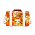 An orange daisy-patterned cooler bag with white straps, a brown leather handle, and a silver zipper, shown on a plain white background.