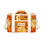 An orange daisy-patterned cooler bag with white straps, a brown leather handle, and a silver zipper, shown on a plain white background.
