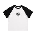 A white and black raglan baseball t-shirt with a circular black graphic on the chest reading 'SHADOWS ARE LIGHT'.