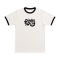 An off-white ringer t-shirt with black trim on the collar and sleeve cuffs, featuring a black graphic text print that reads 'Shades of Acid' on the chest.
