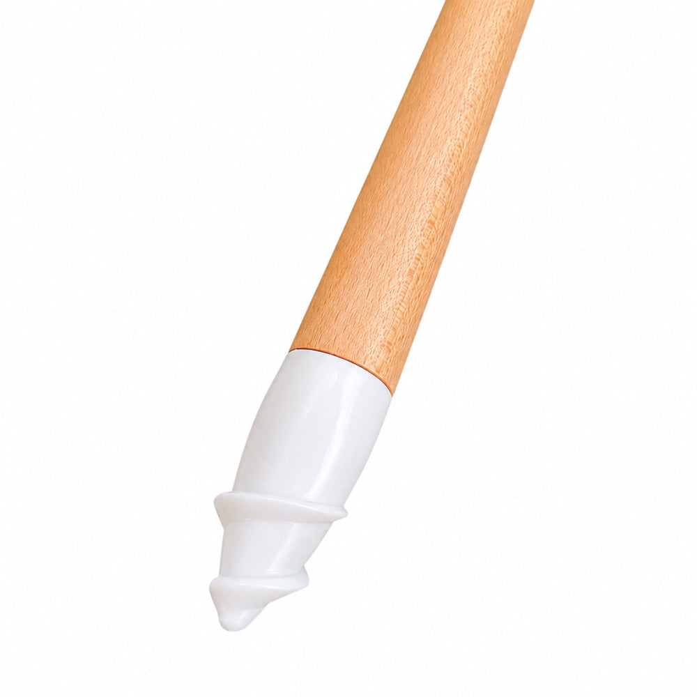A close-up of a wooden stick-like product with a white plastic tip, shown diagonally against a plain white background.